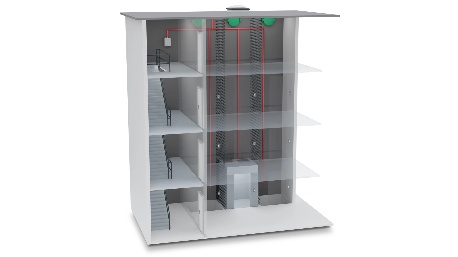 3D view of the WAGNER systems in an elevator and stairwell