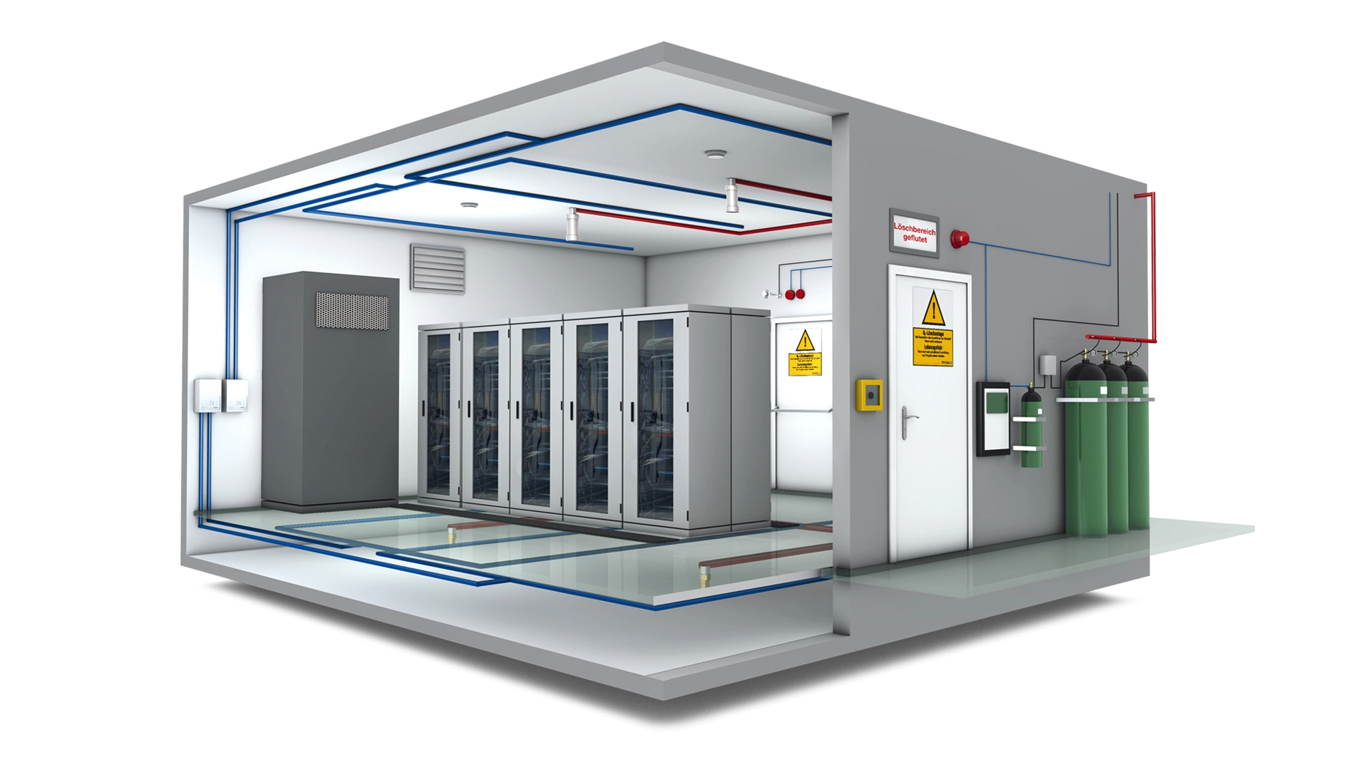 3D image of a data center with installed fire protection systems