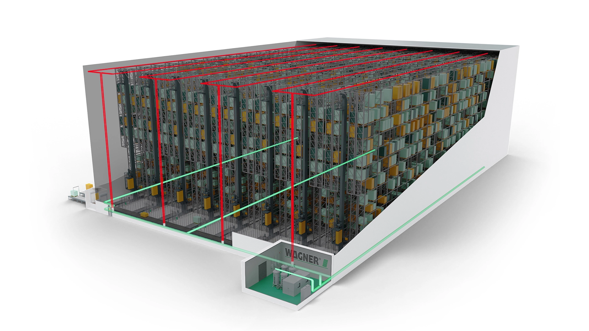 3D drawing of a high-bay warehouse equipped with a holistic fire protection solution from WAGNER