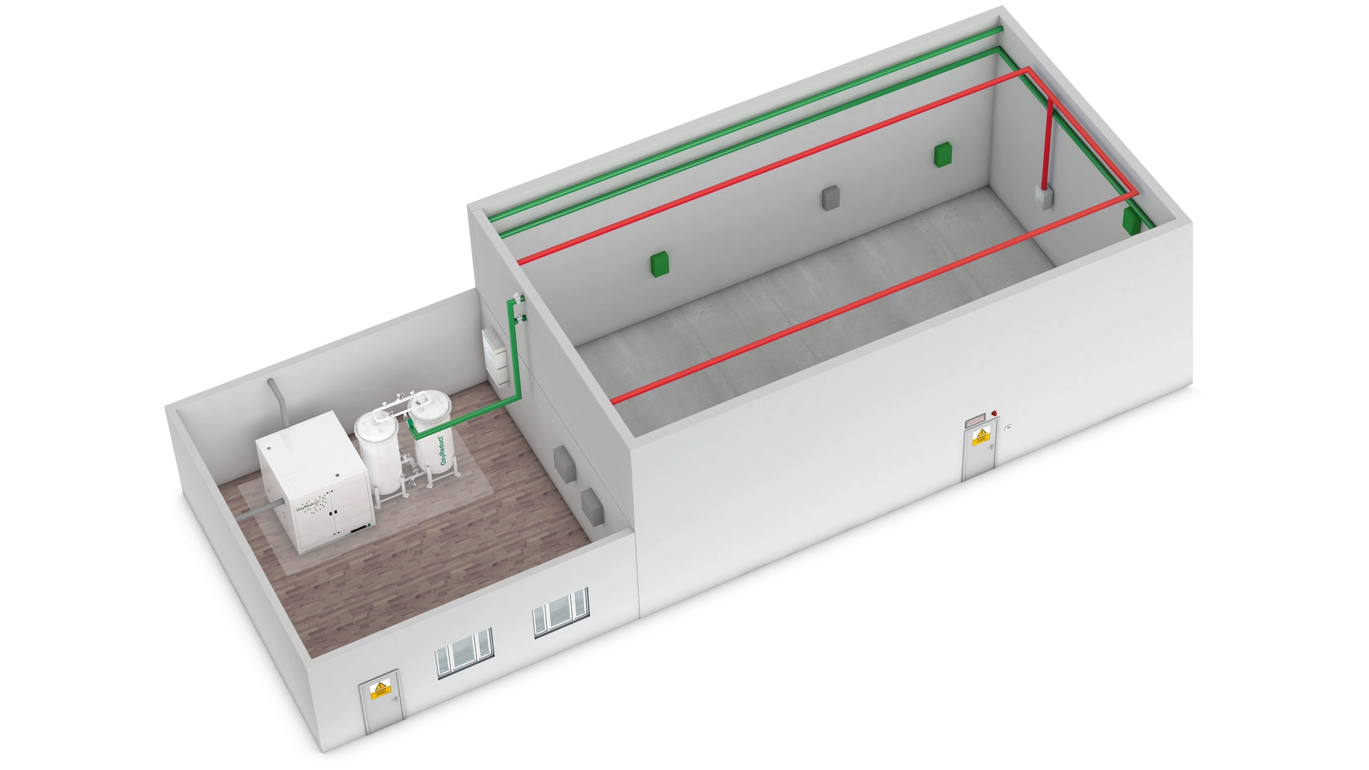 3D view of a public building with installed WAGNER fire protection systems