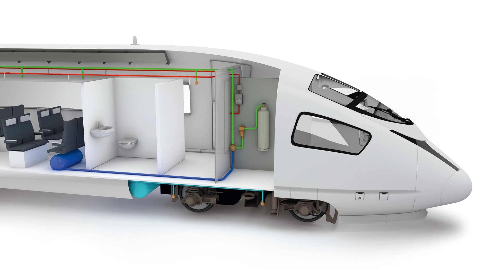 3D model of a train with installed fire protection systems