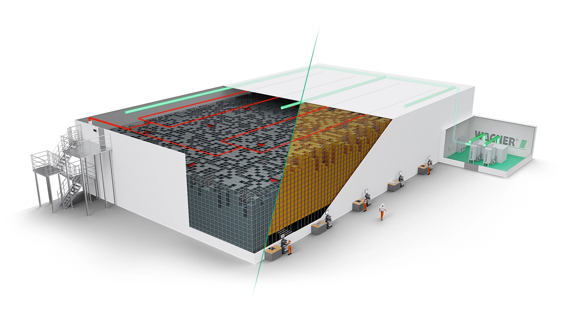 3D drawing of a compact container warehouse split into AutoStore and Jungheinrich, equipped with a holistic fire protection solution from WAGNER