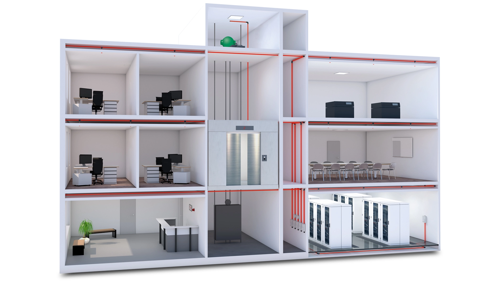 3D image of an office building with meeting, copy and server room as well as individual offices, reception and elevator