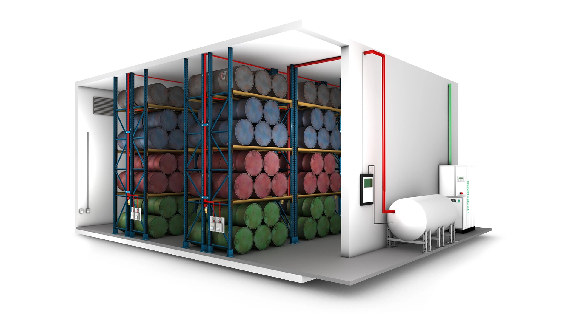 3D drawing of a high-bay warehouse equipped with a holistic fire protection solution from WAGNER