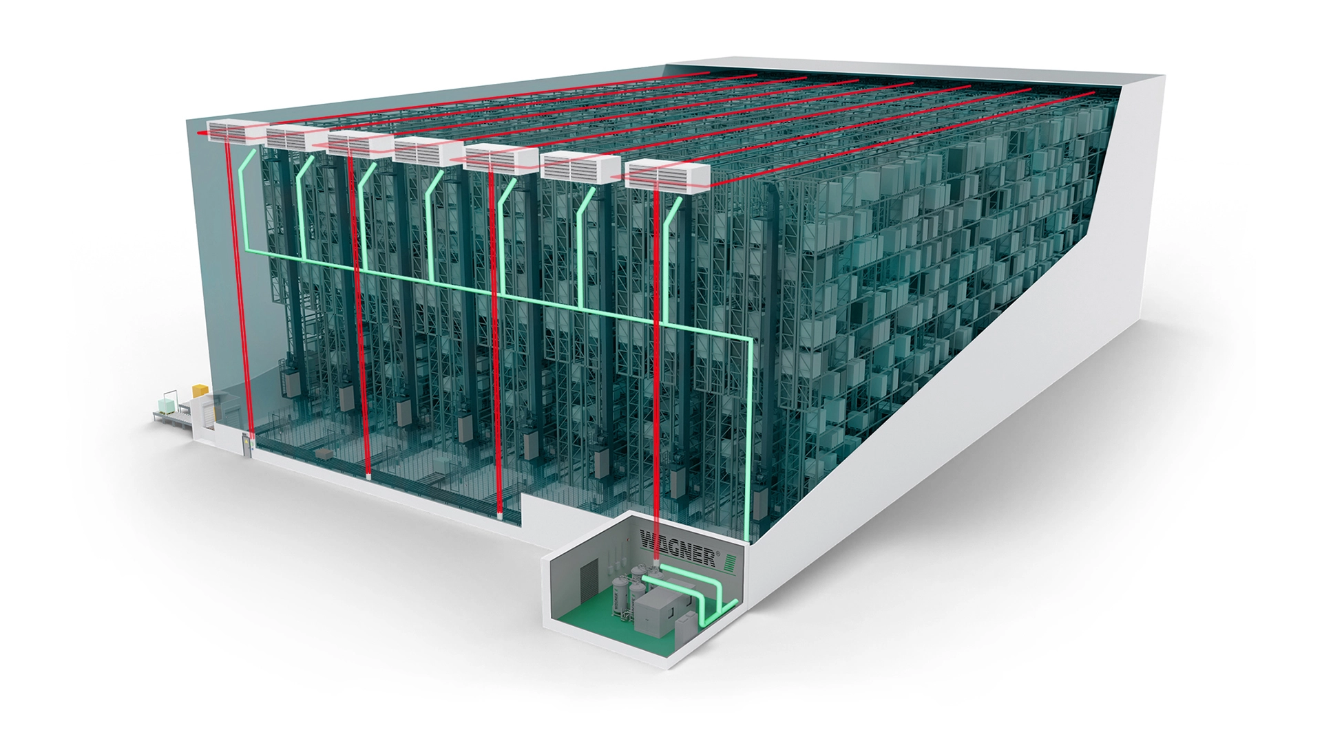 3D view of a deep-freeze warehouse with installed WAGNER systems