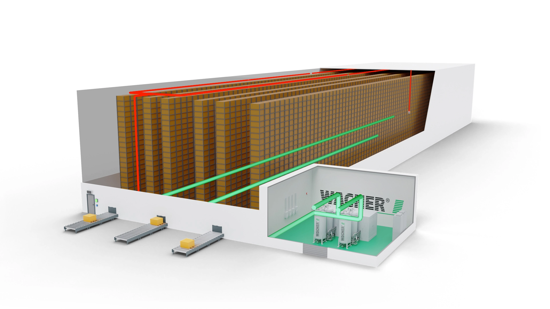 Eine 3D-Ansicht der WAGNER- Systeme in einem Shuttle-Lager